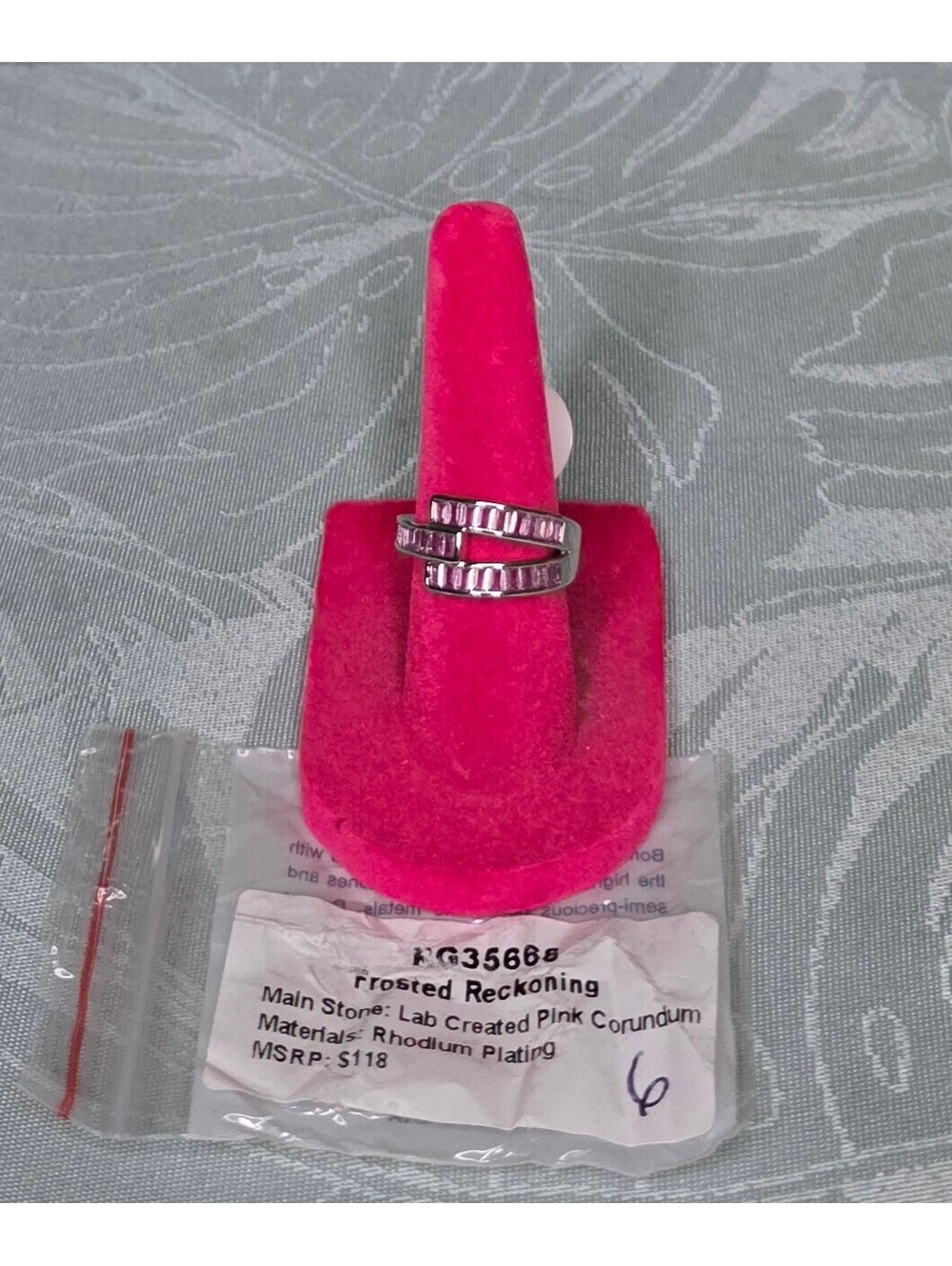Frosted Reckoning Rhodium Plated Ring with Lab Created Pink Corundum Size 6